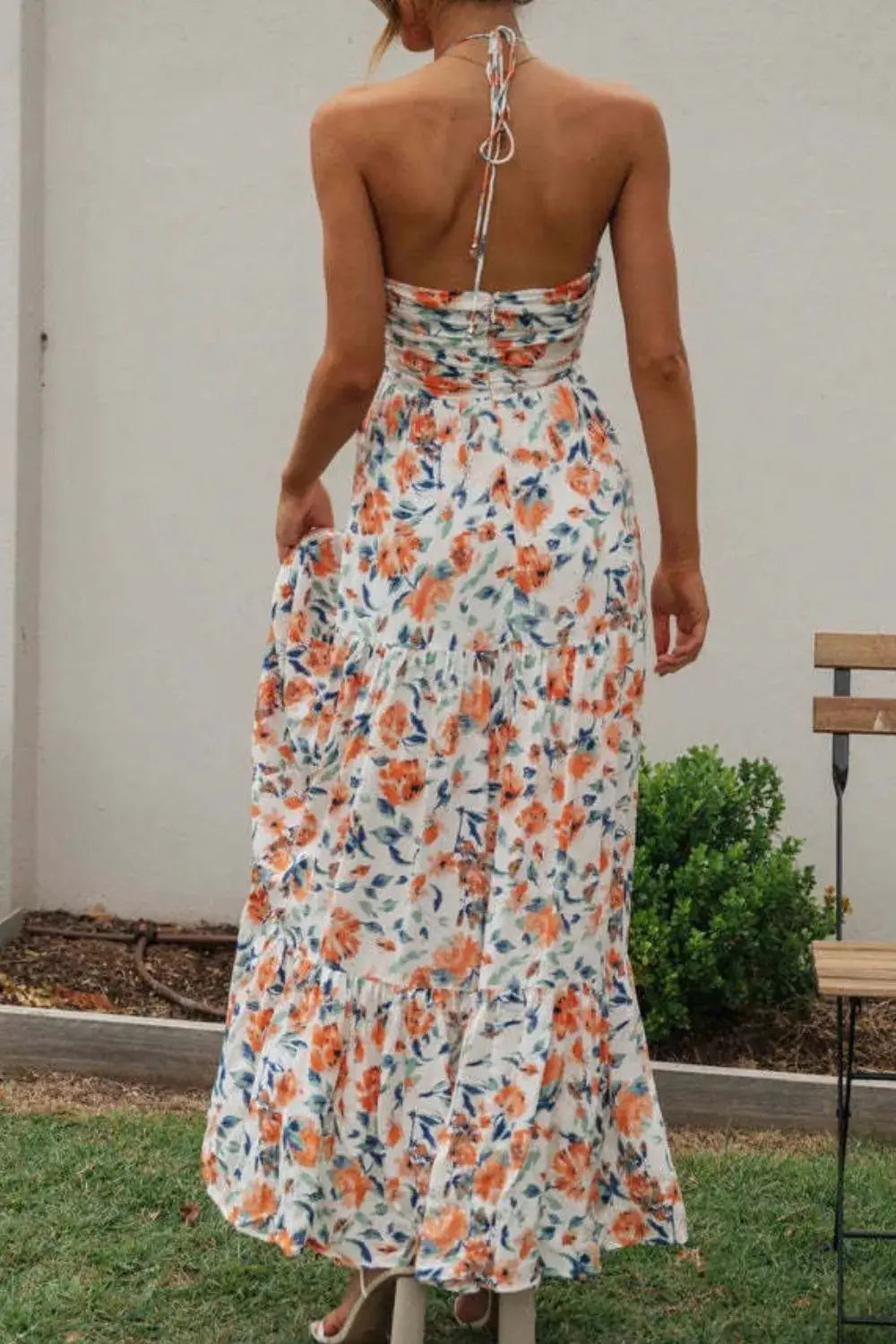Floral Halter Neck Tiered Maxi Dress