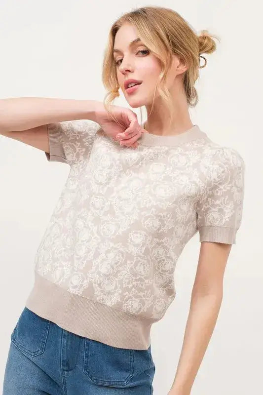 And The Why Short Sleeve Rose Pattern Knit Top - Clothes For Her Online Store