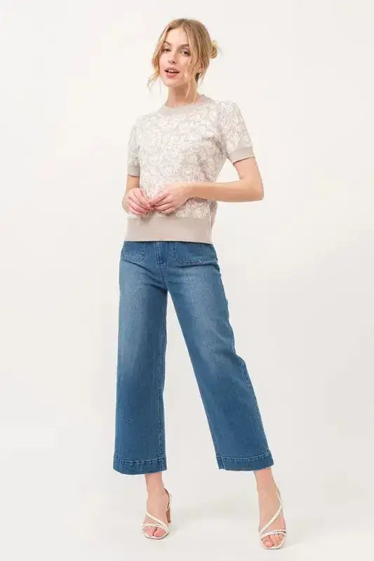 And The Why Short Sleeve Rose Pattern Knit Top - Clothes For Her Online Store