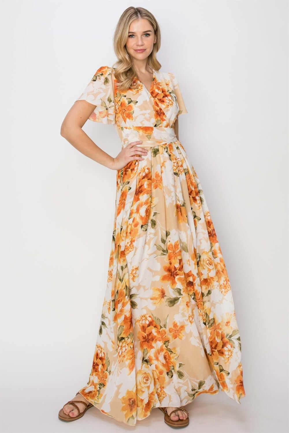 HYFVE Floral Tie Back Short Sleeve Slit Maxi Dress - Clothes For Her Online Store