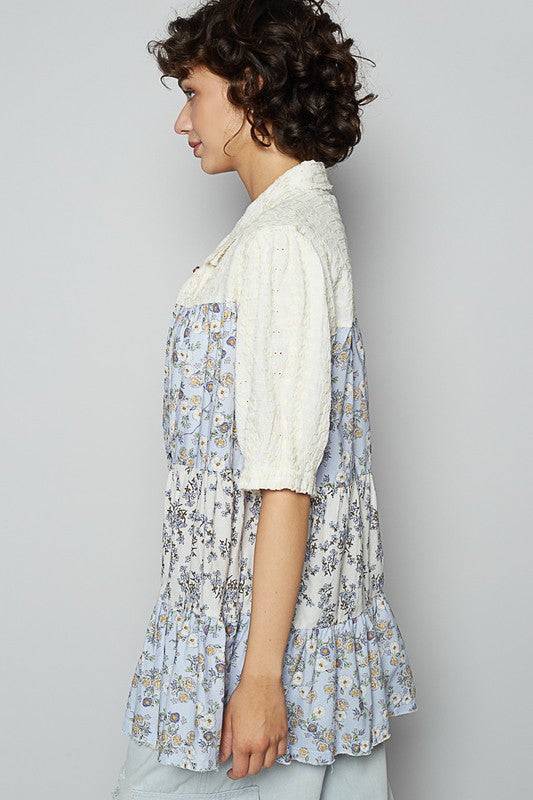 POL Ruffled Hem Floral Button Up Half Sleeve Shirt