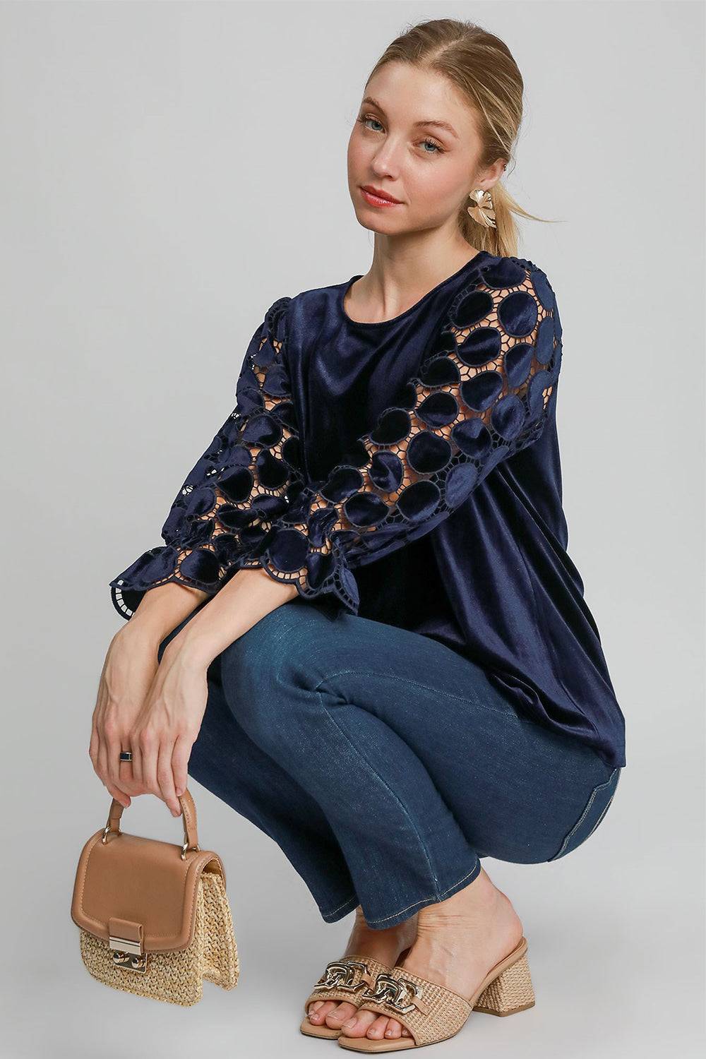 Umgee Polka Dot Lace Long Sleeve Round Neck Blouse - Clothes For Her Online Store