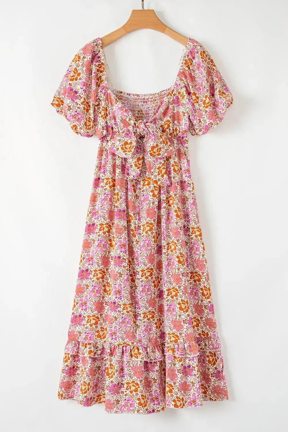 Floral Square Neck Knotted Ruffle Midi Dress - Clothes For Her Online Store