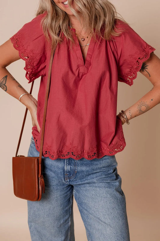 Floral Embroidered Scallop Trim Short Sleeve Notched Blouse