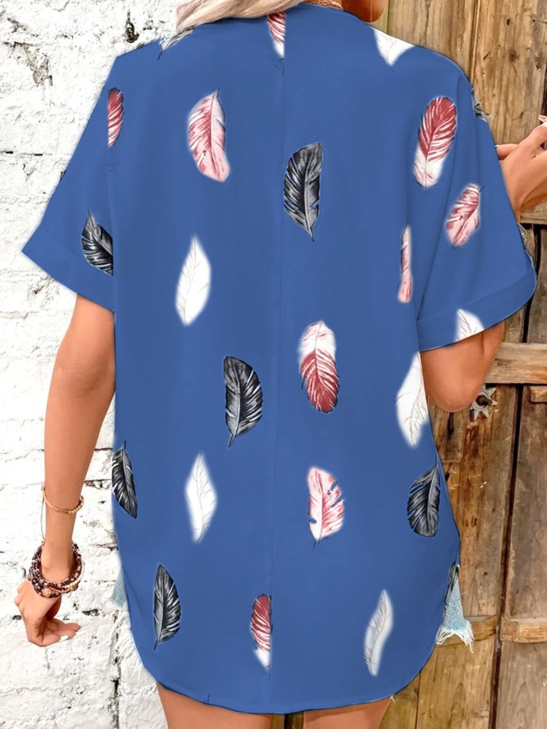 Full Size Printed Collared Neck Short Sleeve Blouse - Clothes For Her Online Store