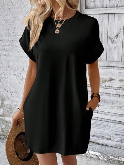 Round Neck Short Sleeve Mini Tee Dress with Pockets - Clothes For Her Online Store