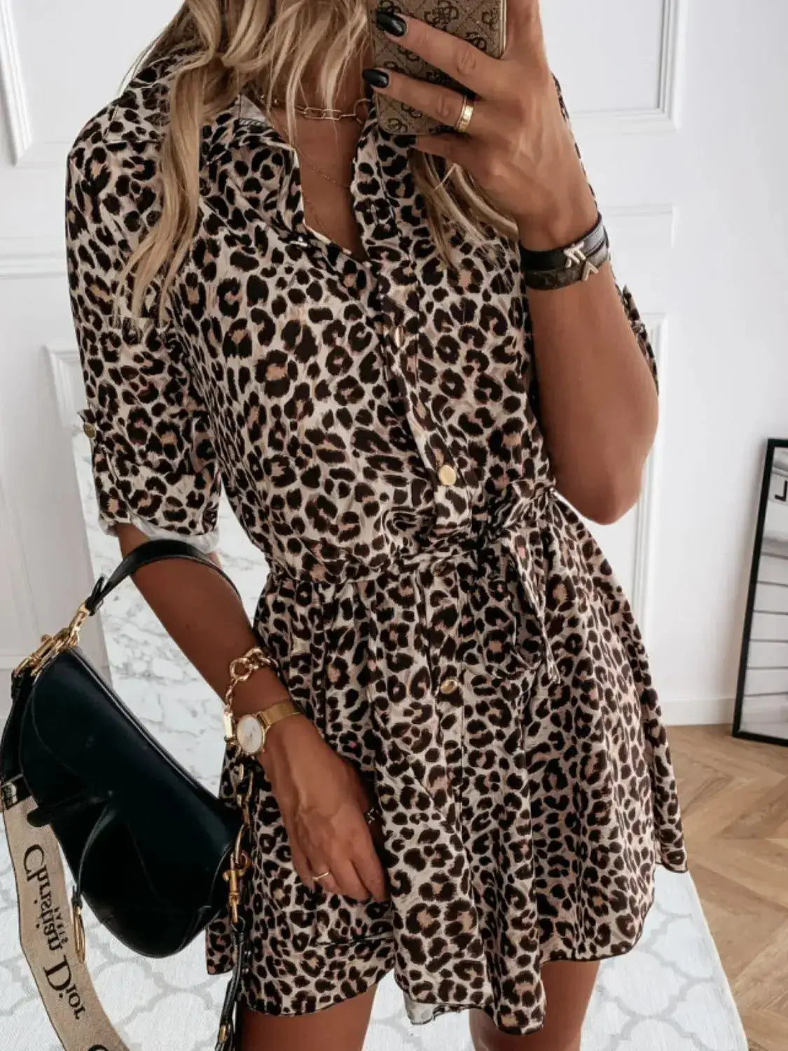 Printed Tie Waist Roll-Tab Sleeve Mini Dress