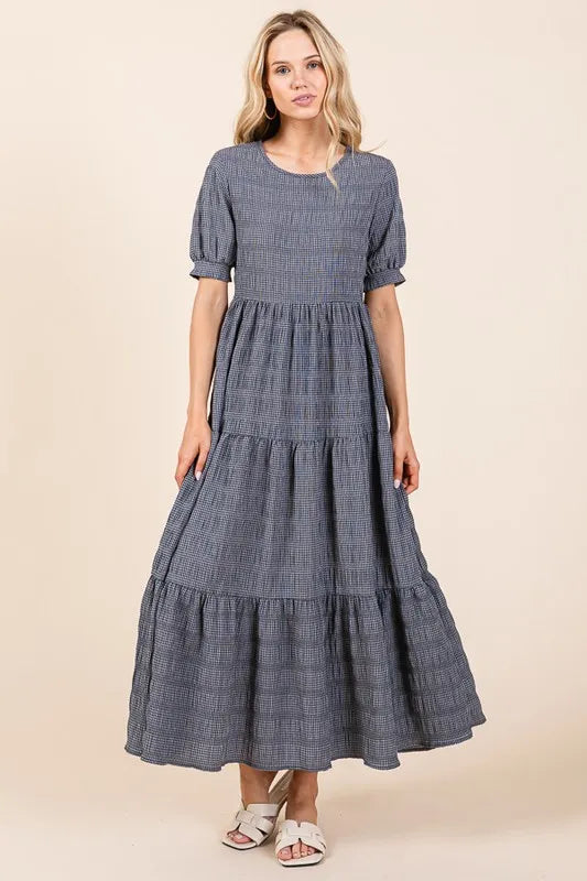 BOMBOM Textured Short Sleeve Tiered Dress