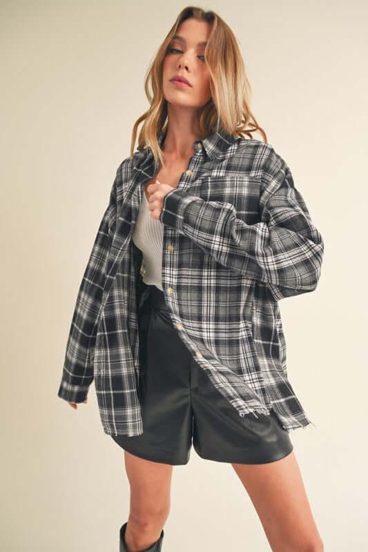 Aemi + Co Frayed Hem Plaid Button Up Flannel Shirt