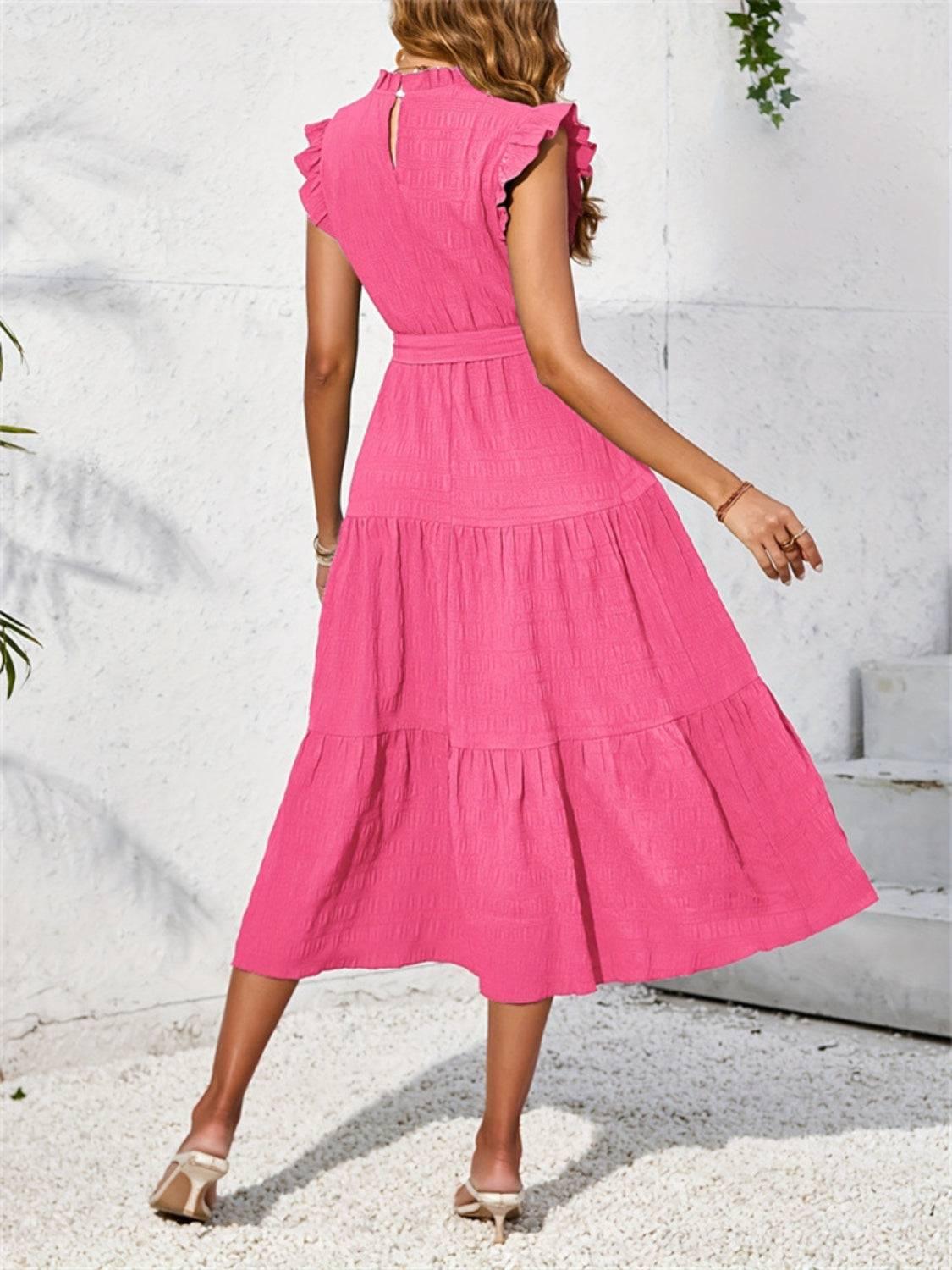 Frill Mock Neck Ruffled Cap Sleeve Midi Dress