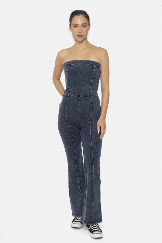 MONO B Cotton Blend Strapless Flared Jumpsuit - Clothes For Her Online Store
