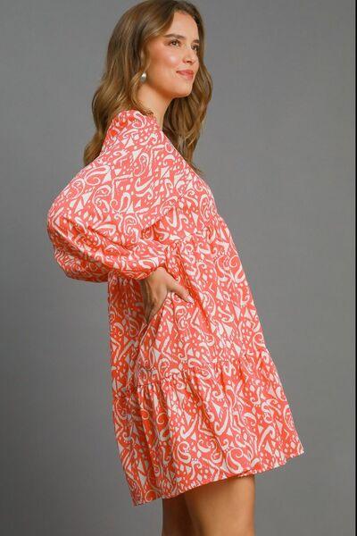 Umgee Full Size Two Tone Print Balloon Sleeve Tiered Dress Plus Size - Clothes For Her Online Store