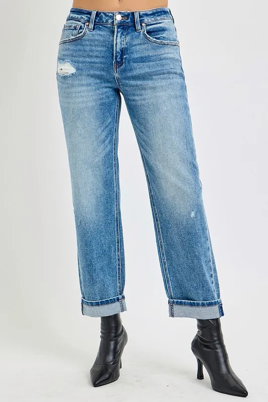 RISEN High Rise Ankle Boyfriend Distressed Jeans
