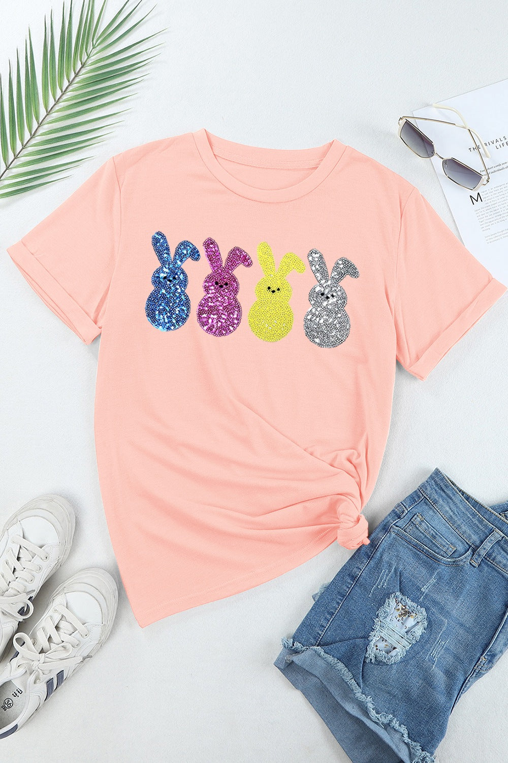 Sequin Bunny Round Neck Short Sleeve T-Shirt - Clothes For Her Online Store