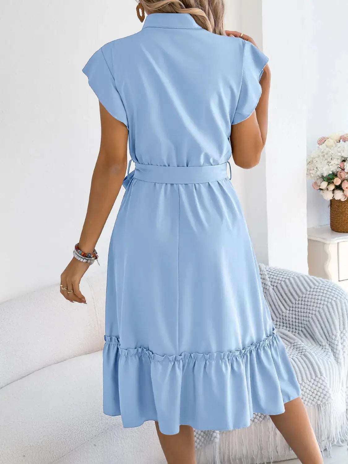 Tie Waist Ruffled Cap Sleeve Dress - Clothes For Her Online Store