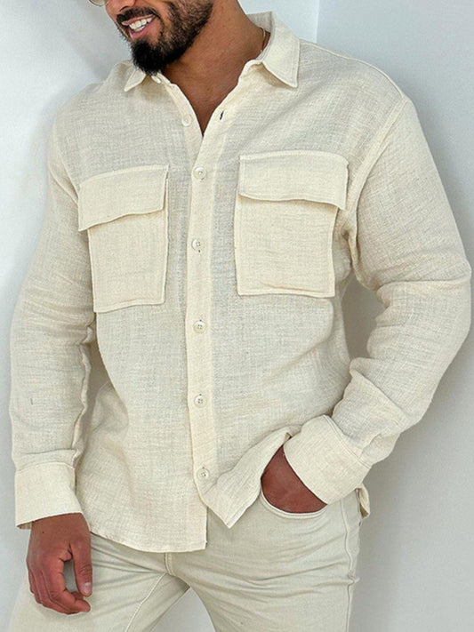 Men's Full Size Collared Neck Long Sleeve Shirt with Chest Pockets Plus Size - Clothes For Her Online Store