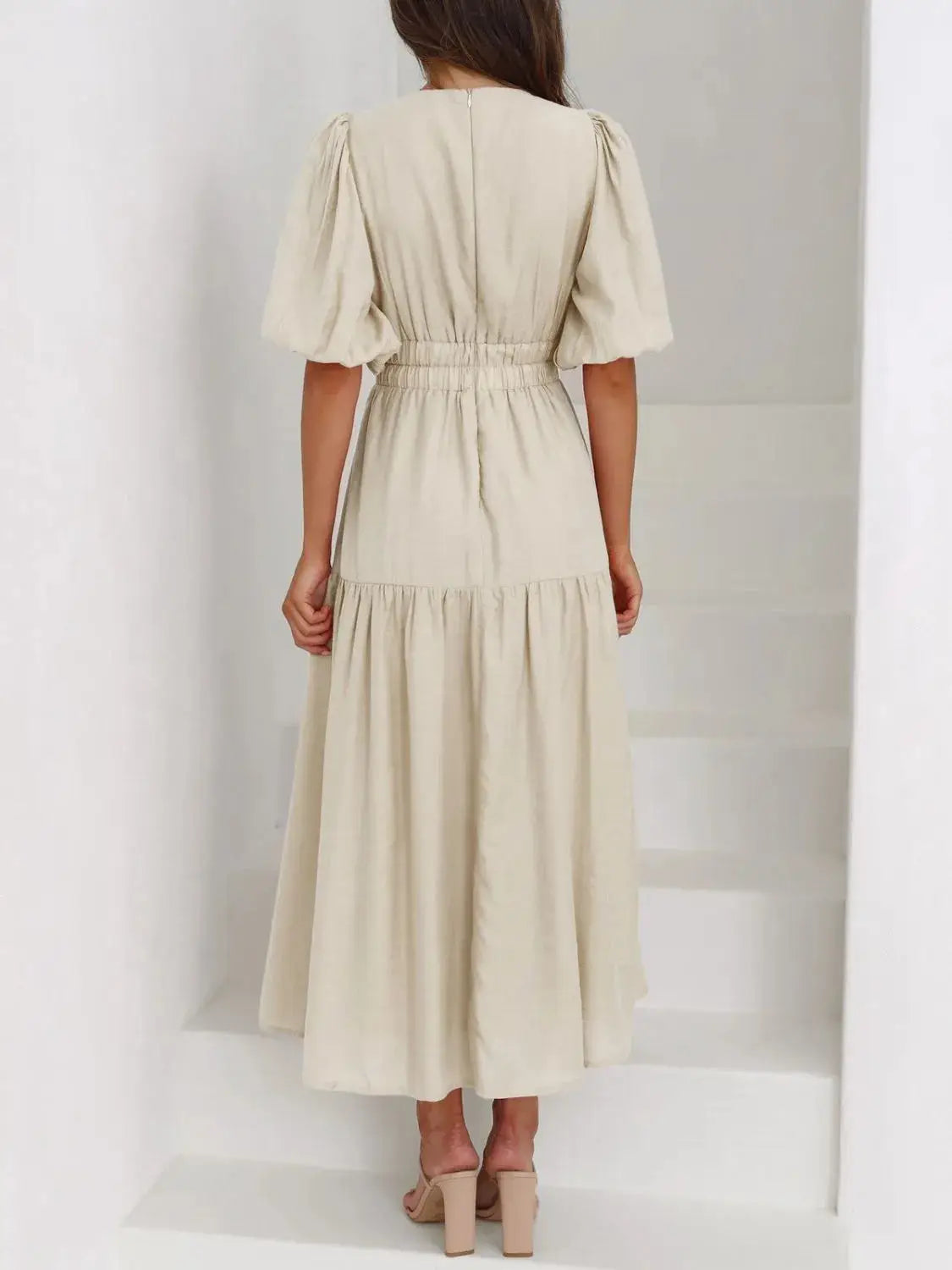 V-Neck Puff Sleeve Midi Dress - Clothes For Her Online Store