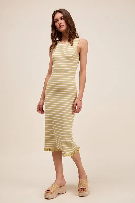 SO ME Stripe Sleeveless Sweater Knit Maxi Dress With Ruffled Hem