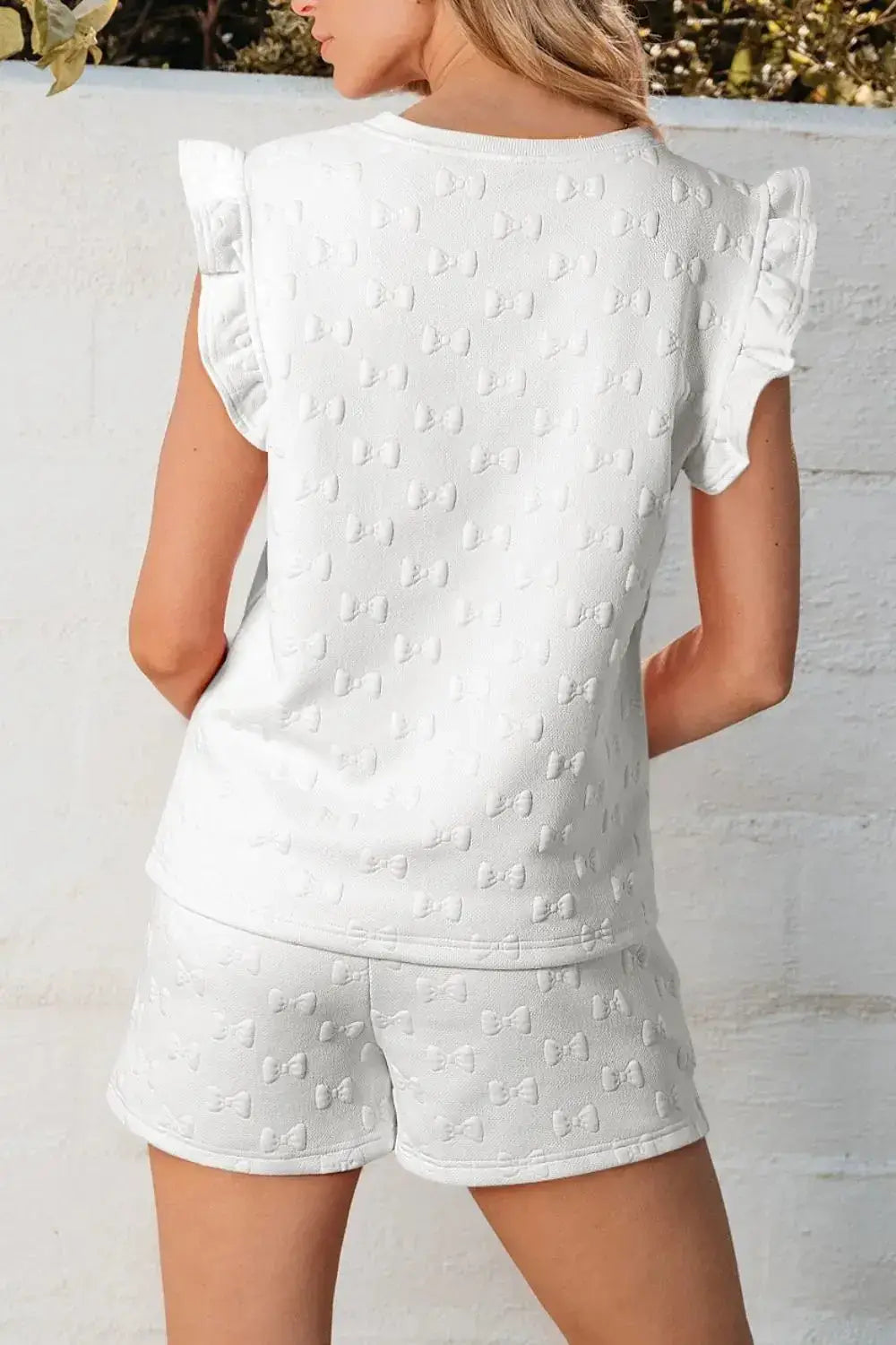 Bow Texture Round Neck Top and Shorts Set - Clothes For Her Online Store