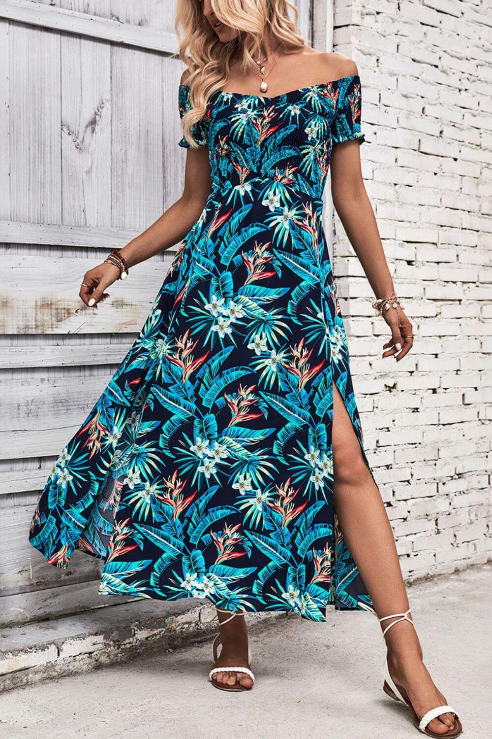 Perfee Floral Off-Shoulder Slit Dress