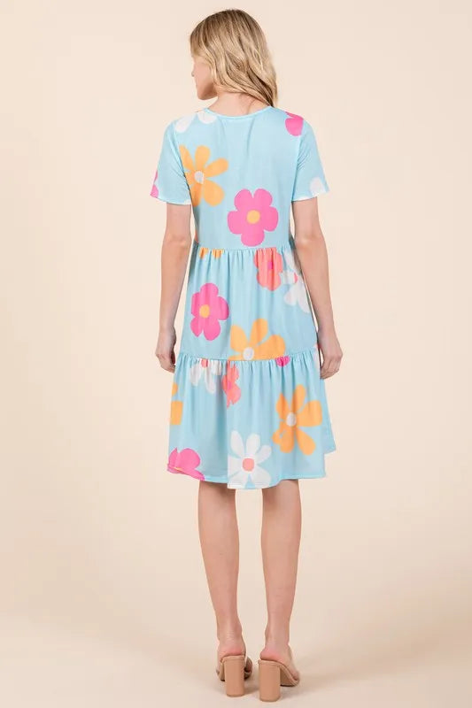 BOMBOM Floral Round Neck Short Sleeve Tiered Dress