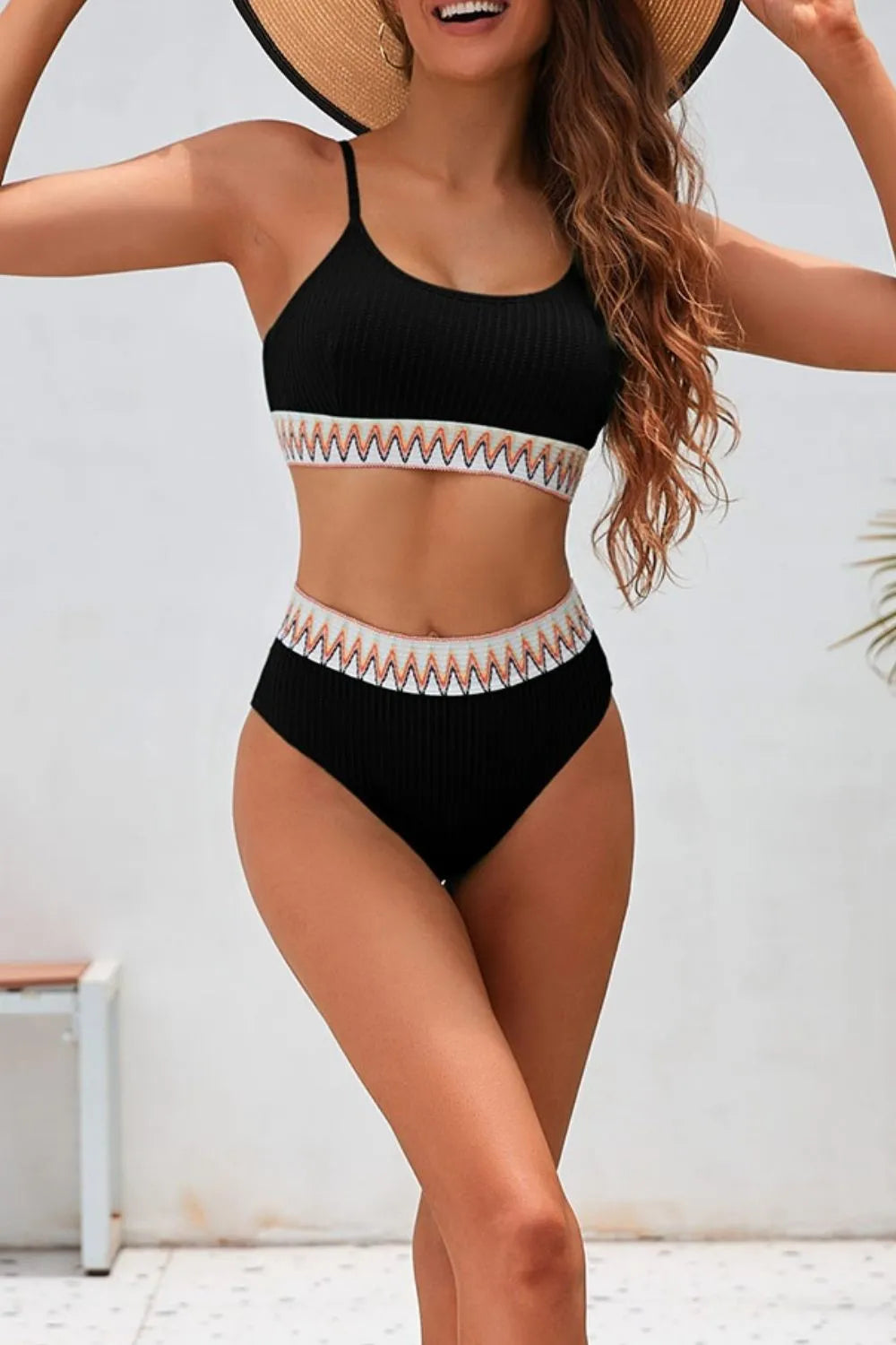 Textured Contrast Banding Bikini High Waist 2pcs Swimsuit