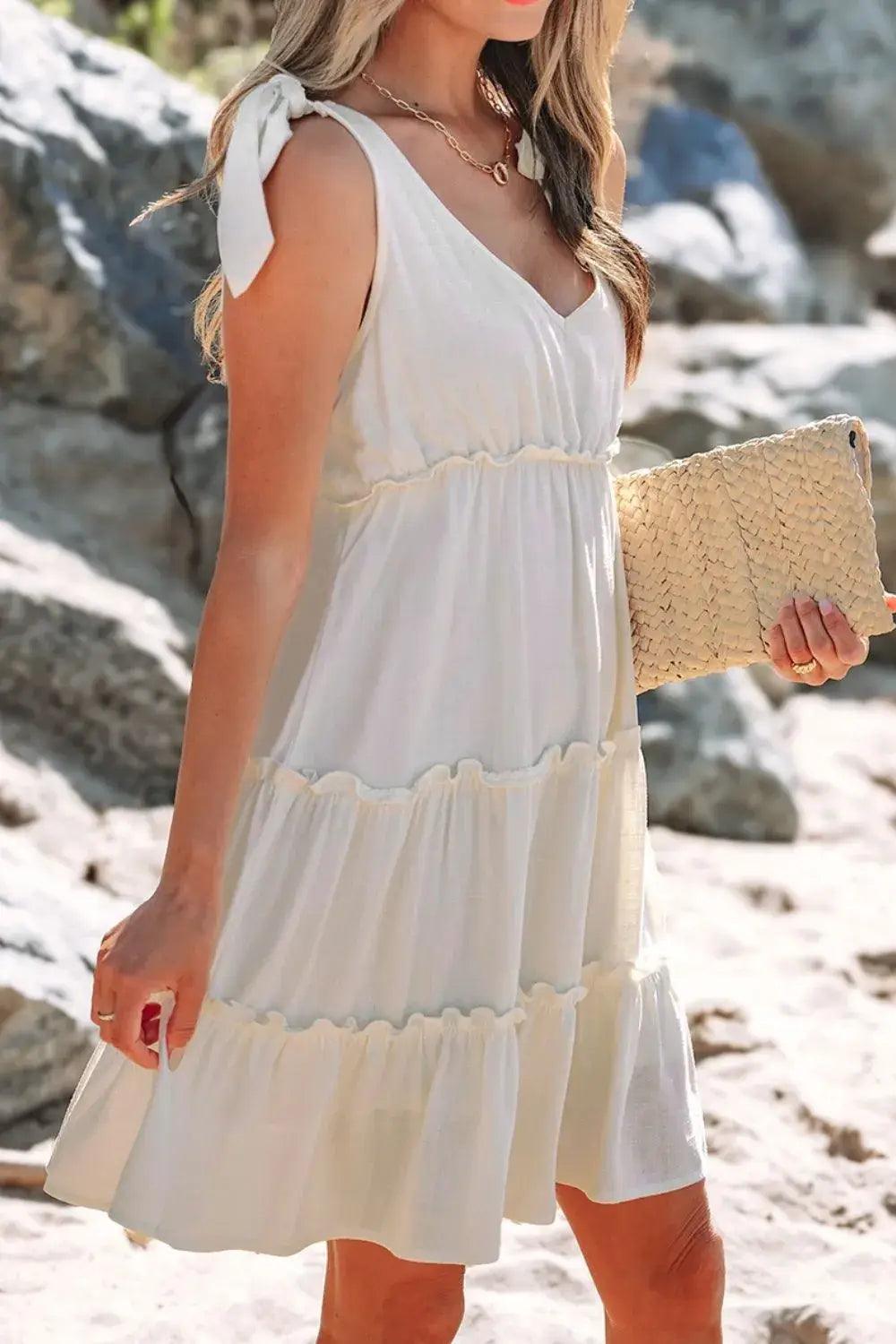 Solid Color Tied Straps Ruffle Tiered Mini Dress