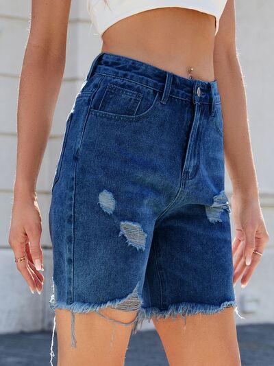 Distressed Raw Hem Denim Shorts