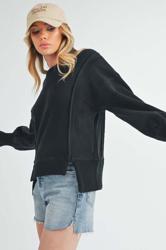 Aemi + Co Exposed Seam High-Low Round Neck Sherpa Top