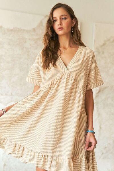 ADORA Ruffled Hem Striped V-Neck Babydoll Dress - Clothes For Her Online Store