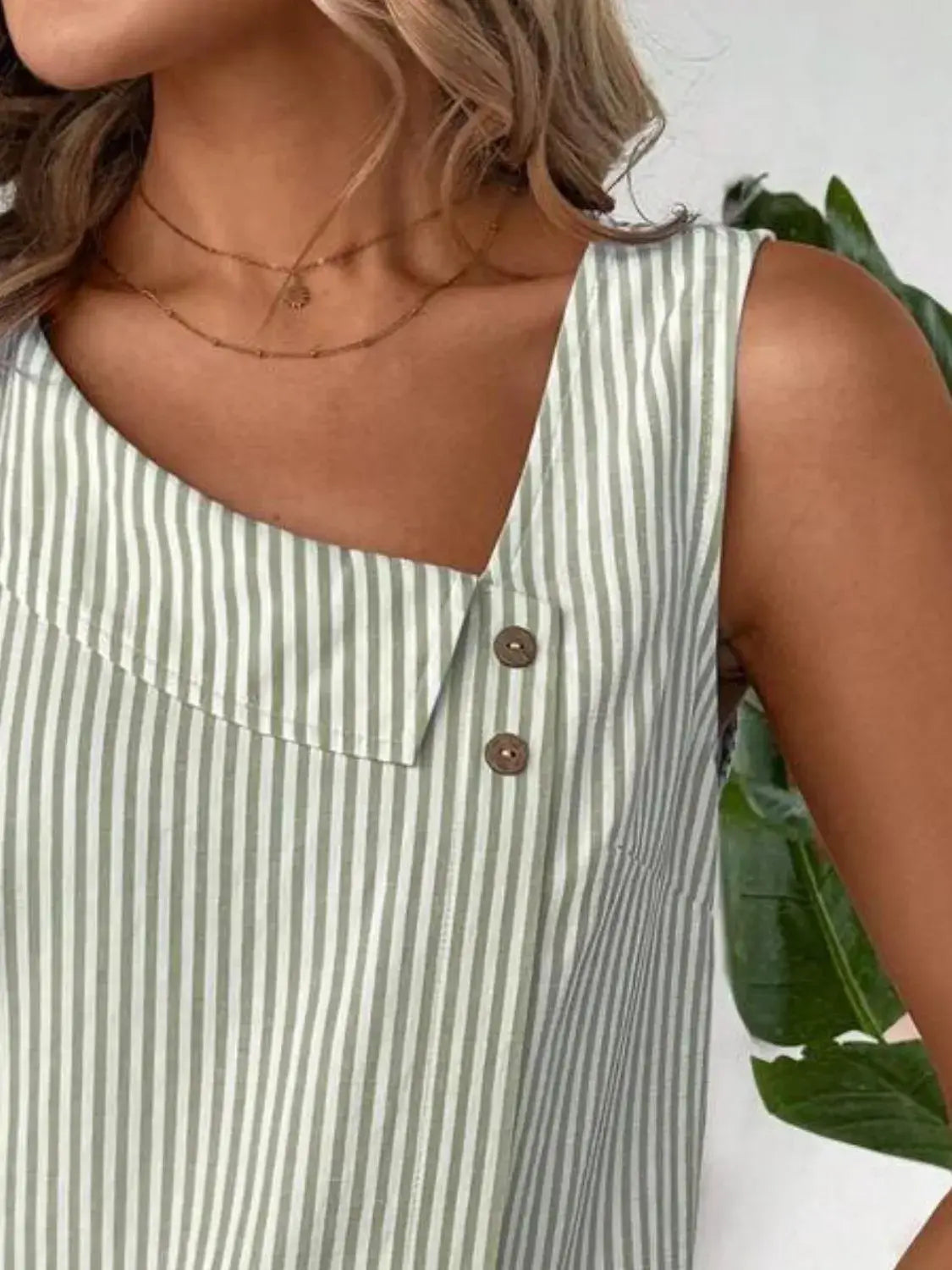 Decorative Button Asymmetrical Striped Tank