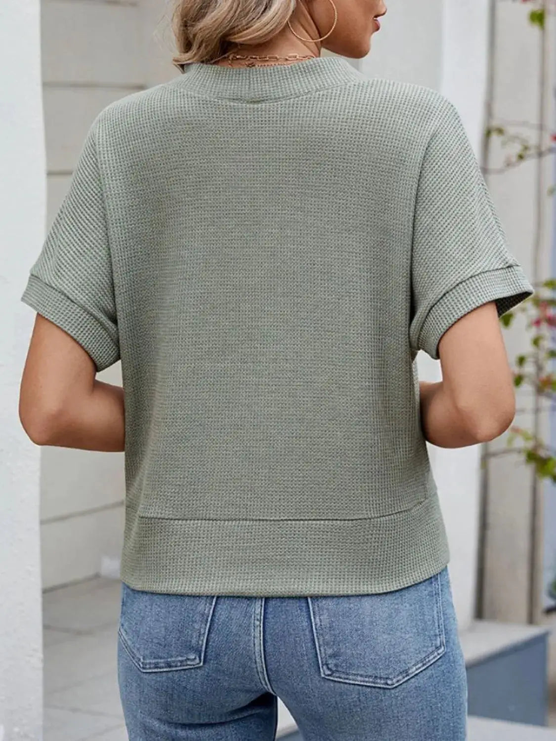 Waffle Knit Button Down Short Sleeve Top - Clothes For Her Online Store