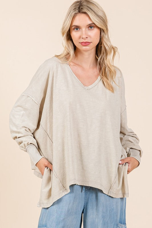 Mittoshop Mineral Wash V-Neck Long Sleeve Oversized Top - Clothes For Her Online Store