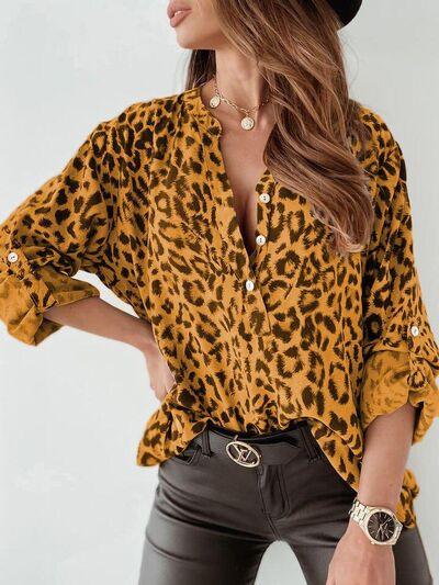 Leopard Button Detail Notched Long Sleeve Blouse