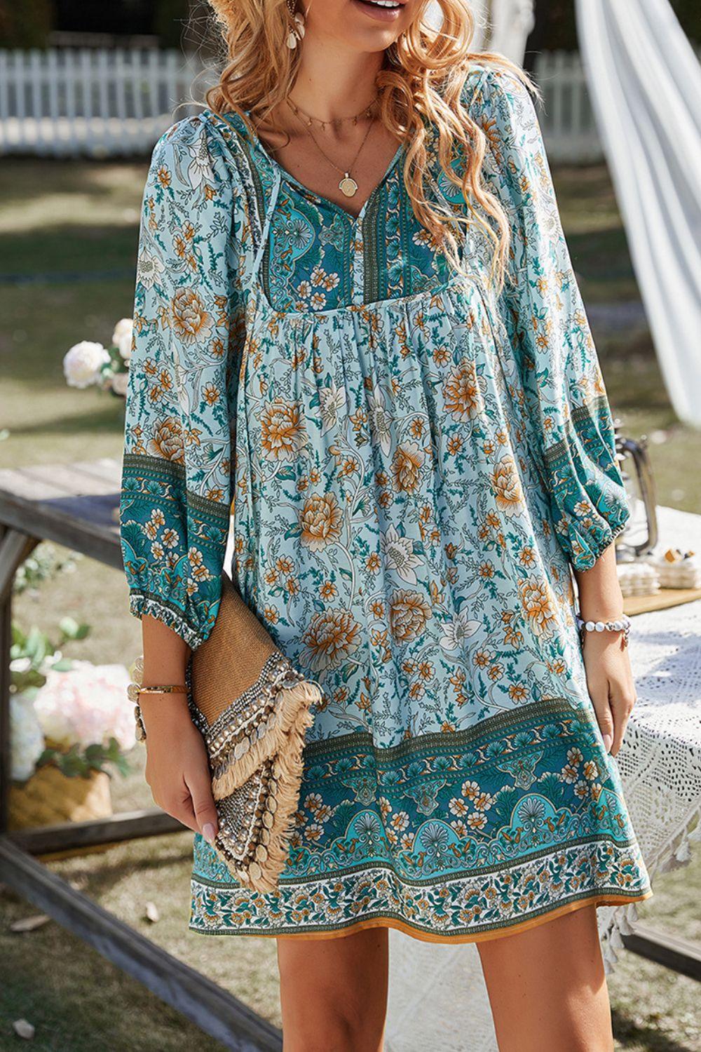 Devine Printed Tie Neck Mini Dress - Clothes For Her Online Store