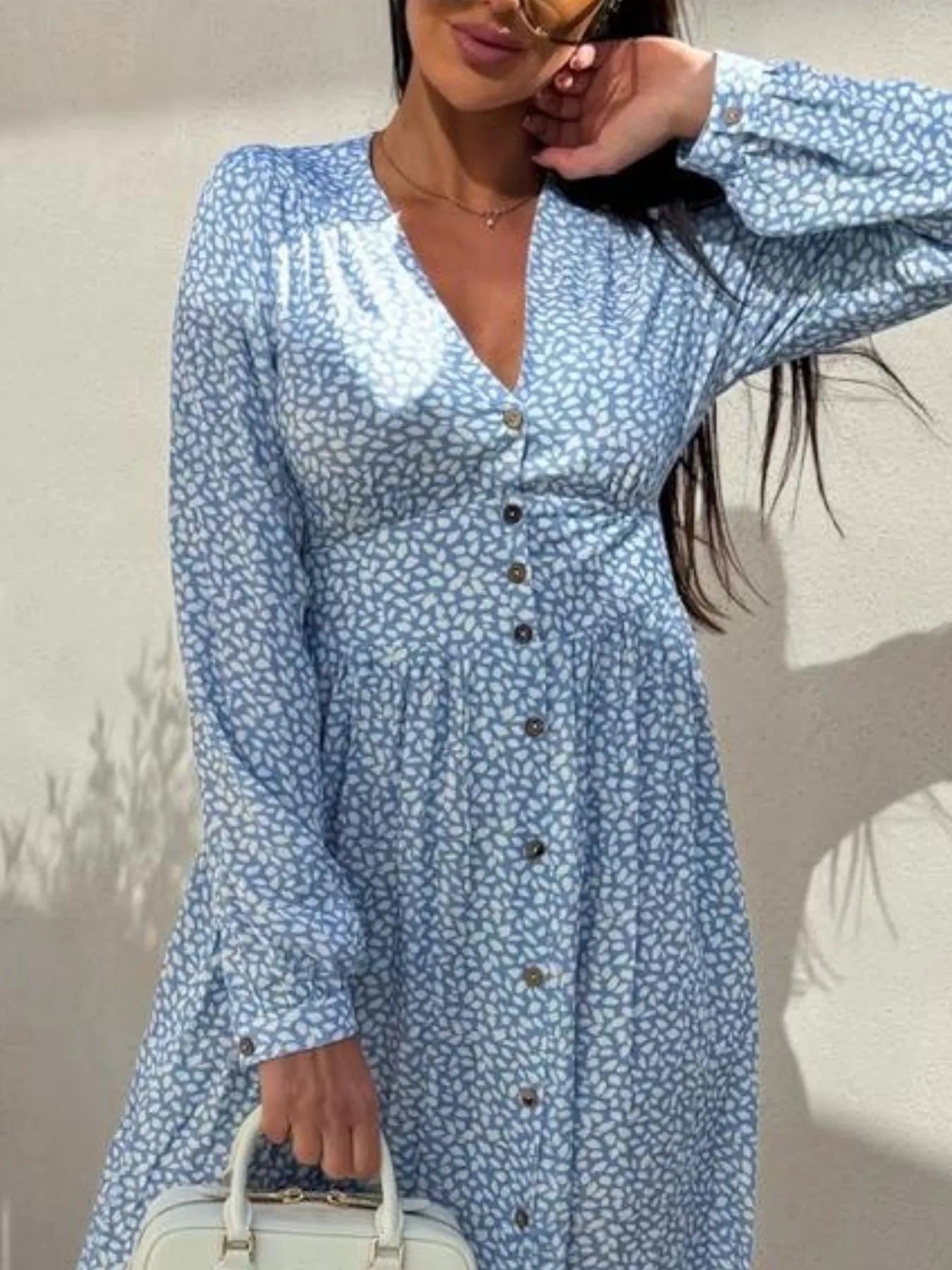 Floral Print Long Sleeve V-Neck Dress