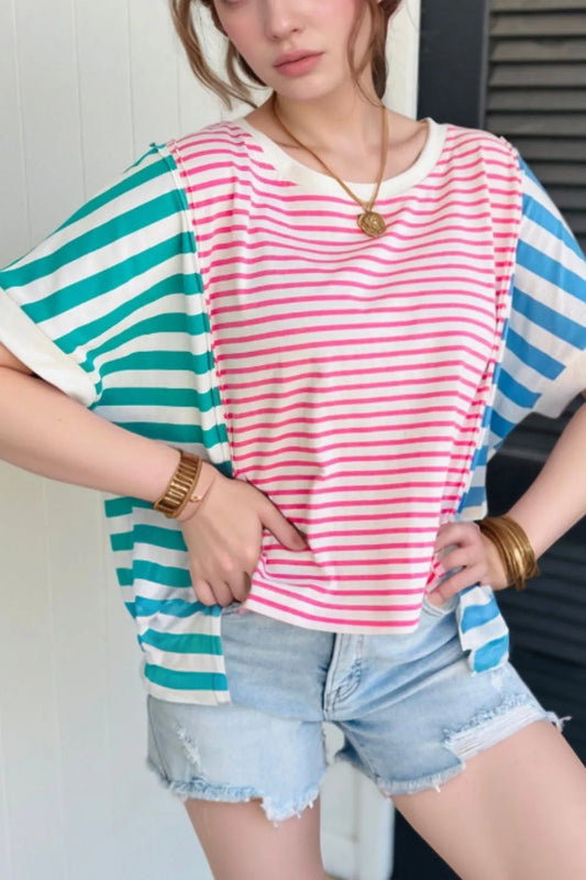 Color Block Striped Batwing Sleeve T-Shirt