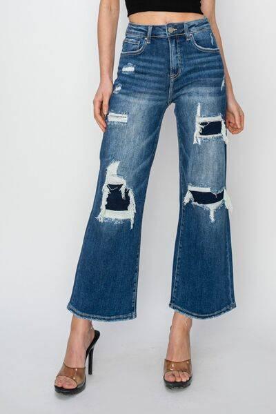 Risen Full Size High Rise Patch Detailed Wide Leg Crop Jeans - Clothes For Her Online Store
