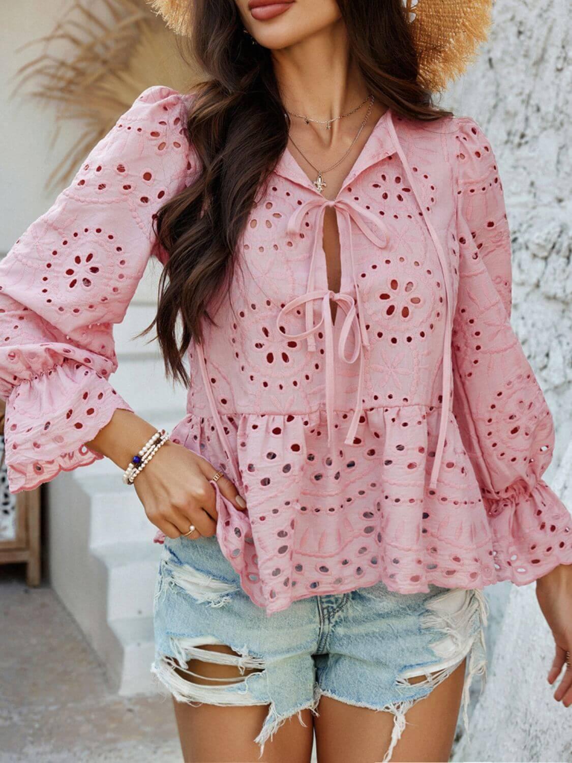 Devine Tie Front Flounce Sleeve Peplum Blouse