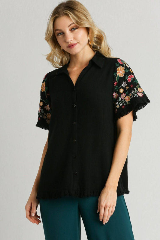 Umgee Full Size Linen Shirt with Embroidered Sleeves Plus Size - Clothes For Her Online Store