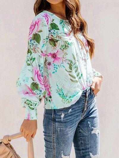 Smocked Printed Round Neck Lantern Sleeve Blouse