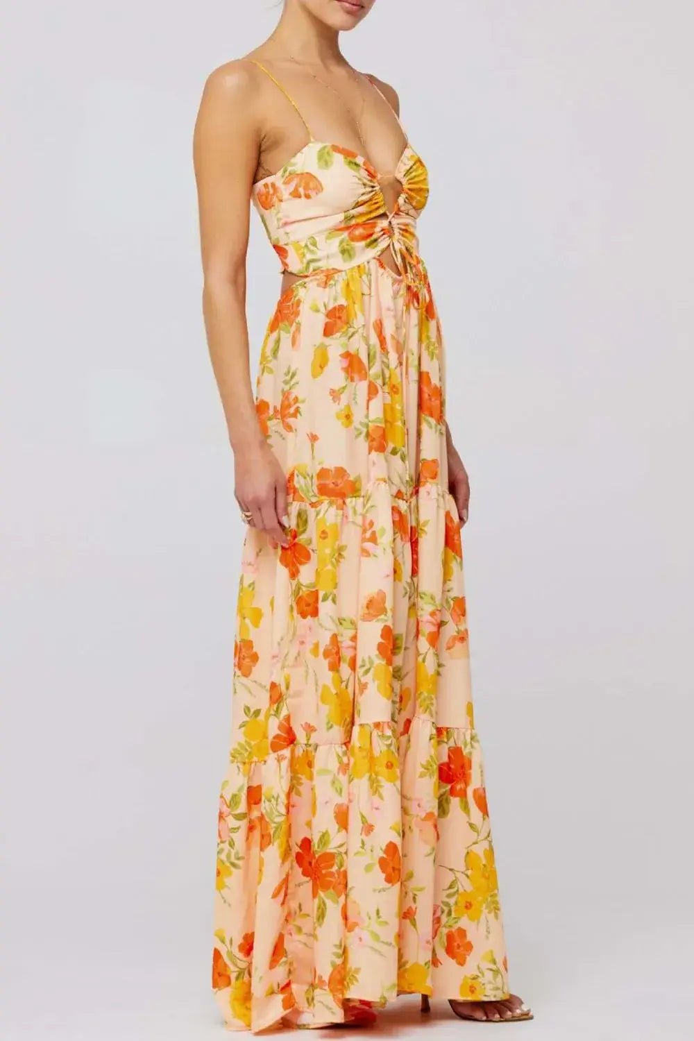 Floral Print Tie Front Tiered Maxi Dress