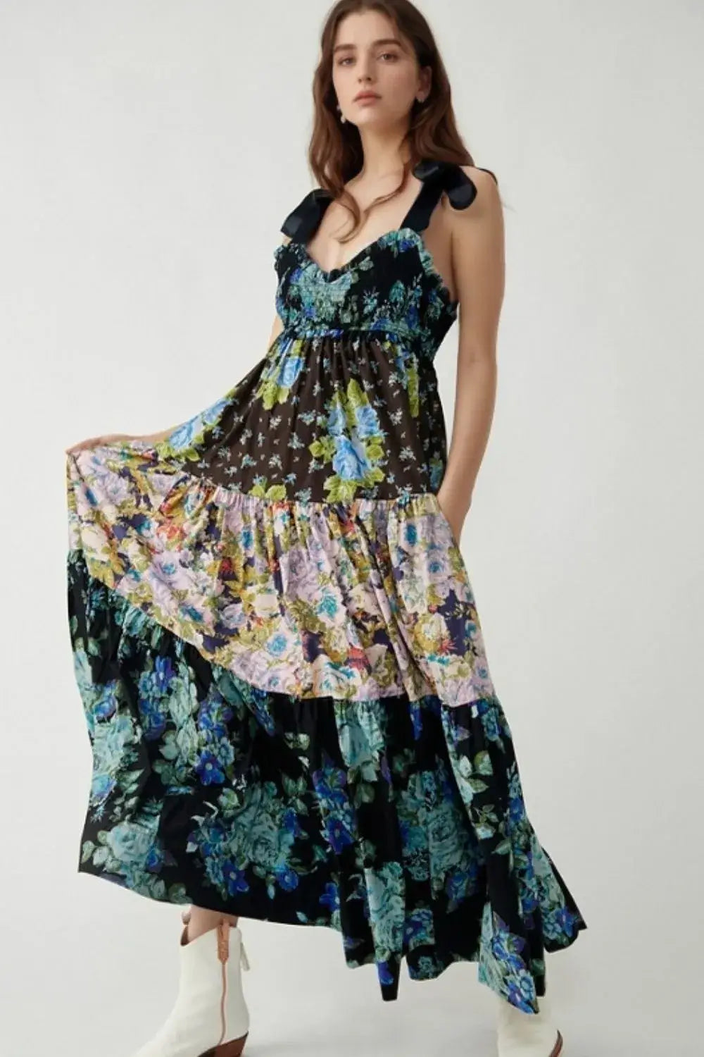 Floral Tiered Maxi Dress with Mixed Print Design