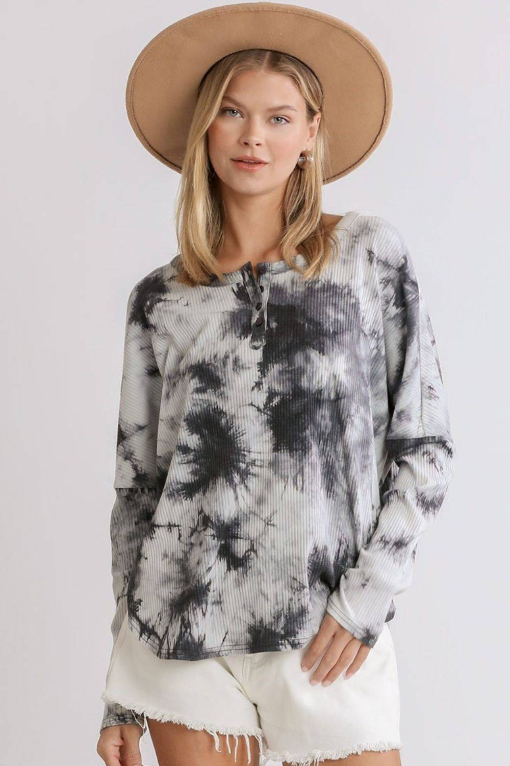 Umgee Full Size Tie Dye Round Neck Ribbed Button Front Top Plus Size - Clothes For Her Online Store