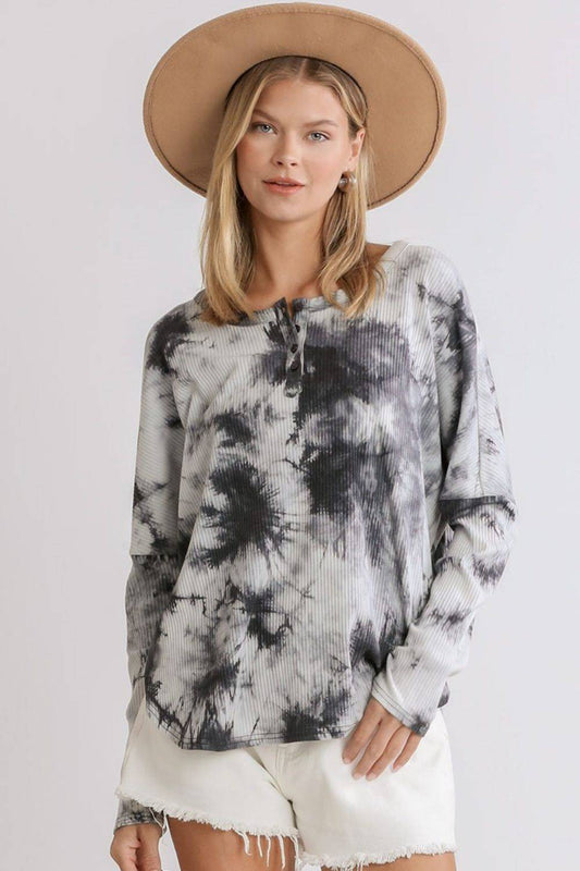 Umgee Full Size Tie Dye Round Neck Ribbed Button Front Top Plus Size - Clothes For Her Online Store