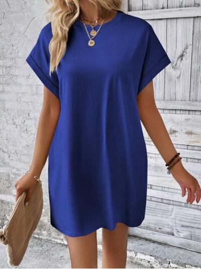 Round Neck Short Sleeve Mini Tee Dress with Pockets - Clothes For Her Online Store