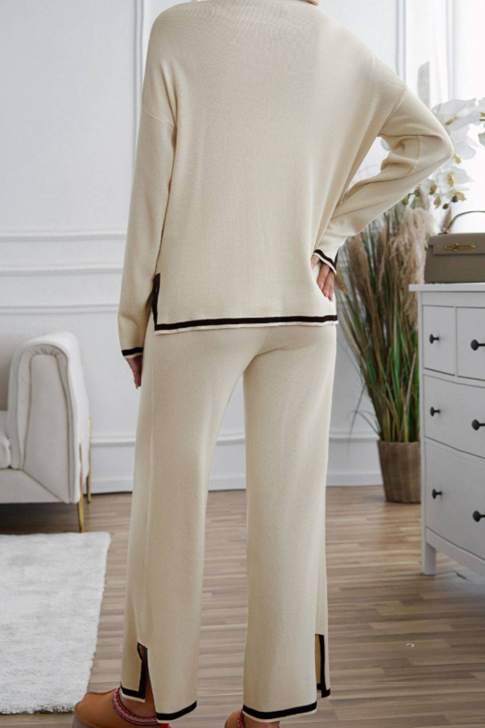 Contrast Trim Round Neck Top and Pants Sweater Set - Clothes For Her Online Store
