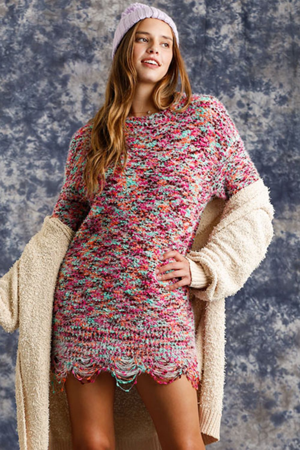 Umgee Full Size Distressed Hem Multicolored Round Neck Knit Tunic Dress Plus Size - Clothes For Her Online Store