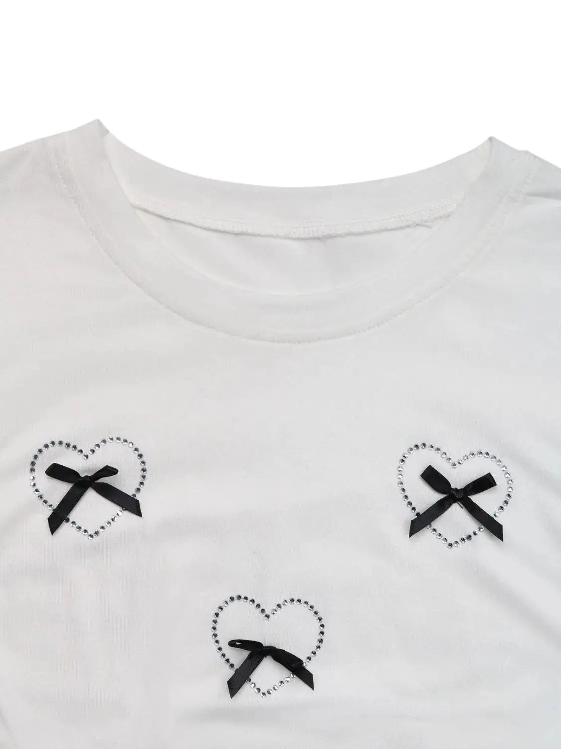 Heart Bow Round Neck Short Sleeve T-Shirt - Clothes For Her Online Store