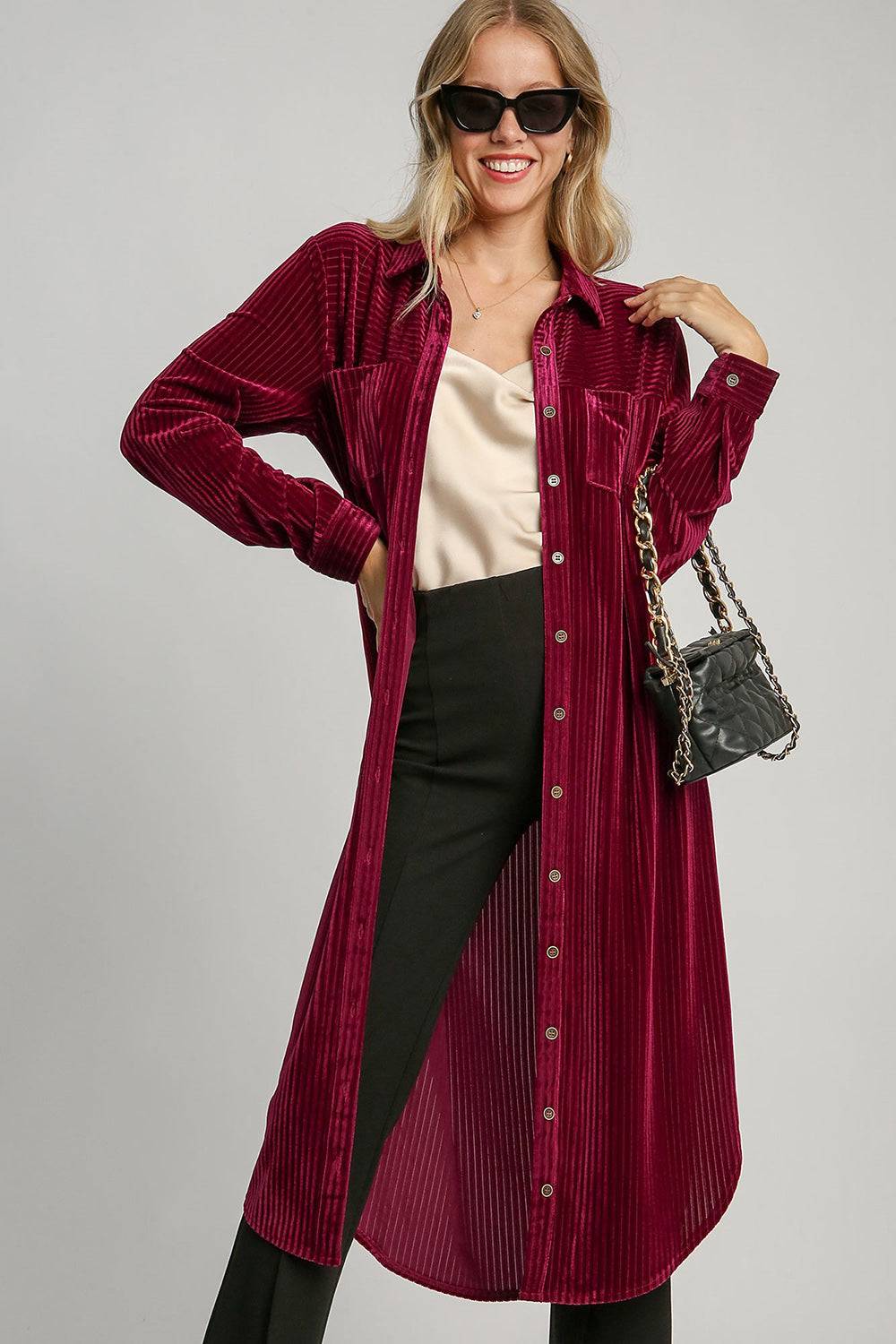 Umgee Texture Curved Hem Button Down Shirt Dress - Clothes For Her Online Store